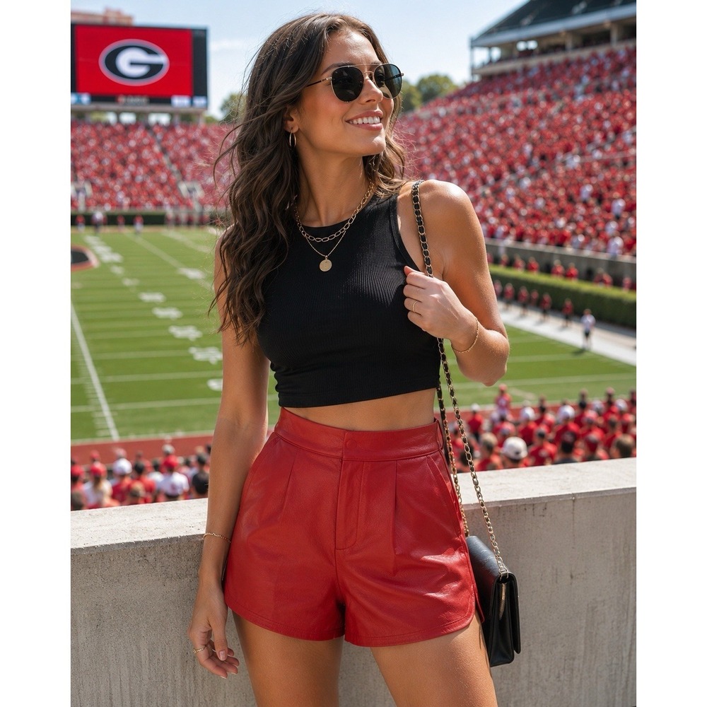 UGA Georgia Bulldogs Game Day Shorts XS Red Faux Leather Tailgate‎ Glam Athens